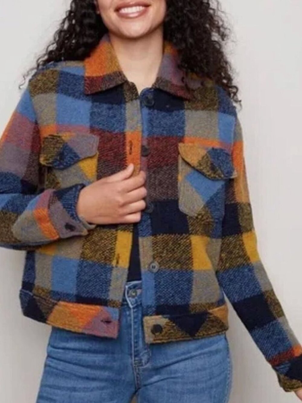 House of Harlow 1960 Multicolor Plaid Wool-Blend Jean Jacket